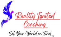 A red and blue logo for reality igniter coaching.