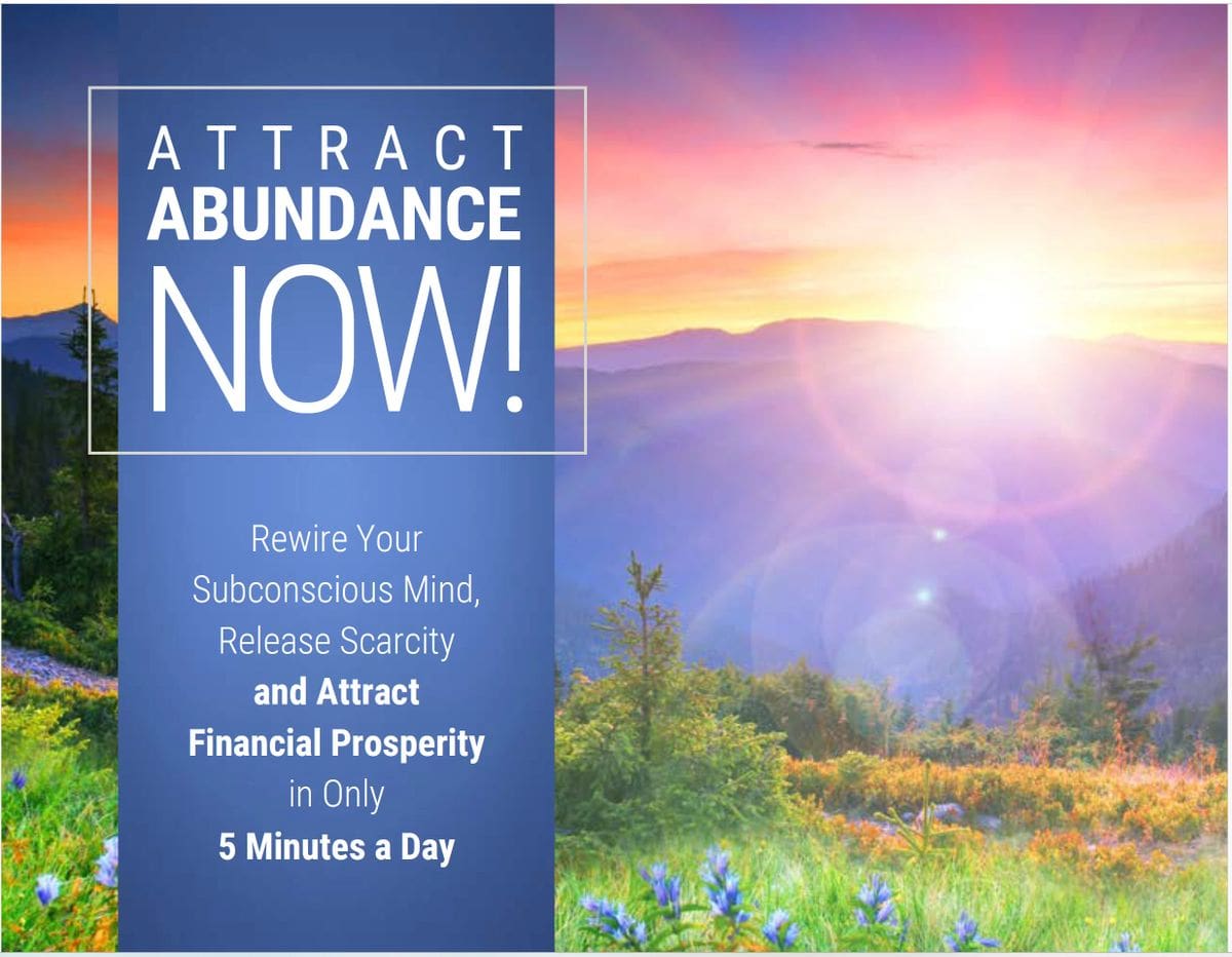 A blue and white poster with the words attract abundance now